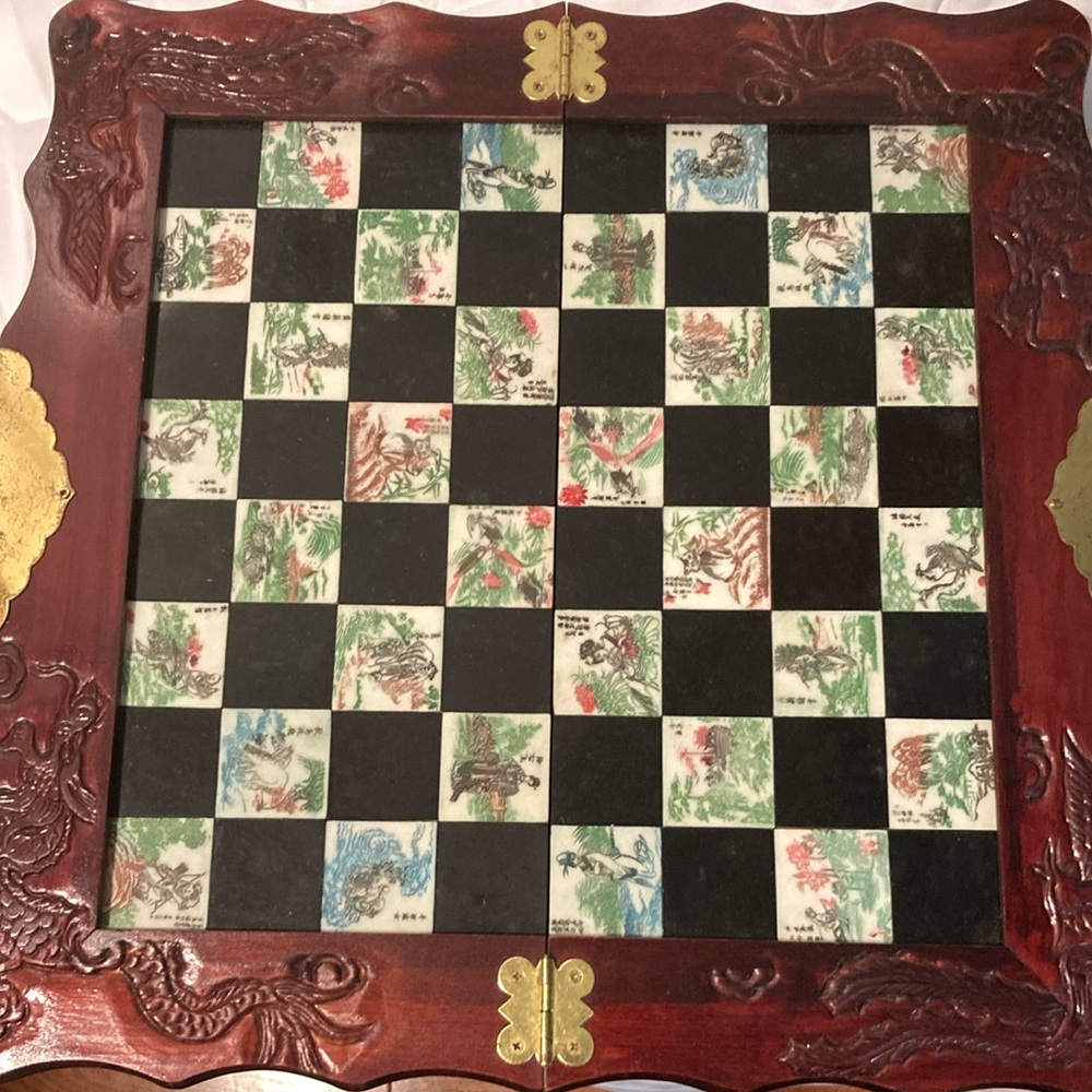 Intricate Wooden Chess Set with Dragon Motif